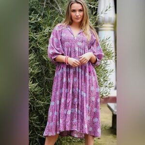 Dolma 100% Cotton Mylah Block Printed Floral Boho Flowy Purple Lavender dress